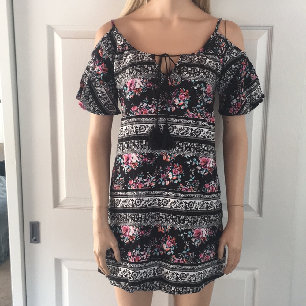 Cute Cold Shoulder Flower Print Dress/Tunic Top
